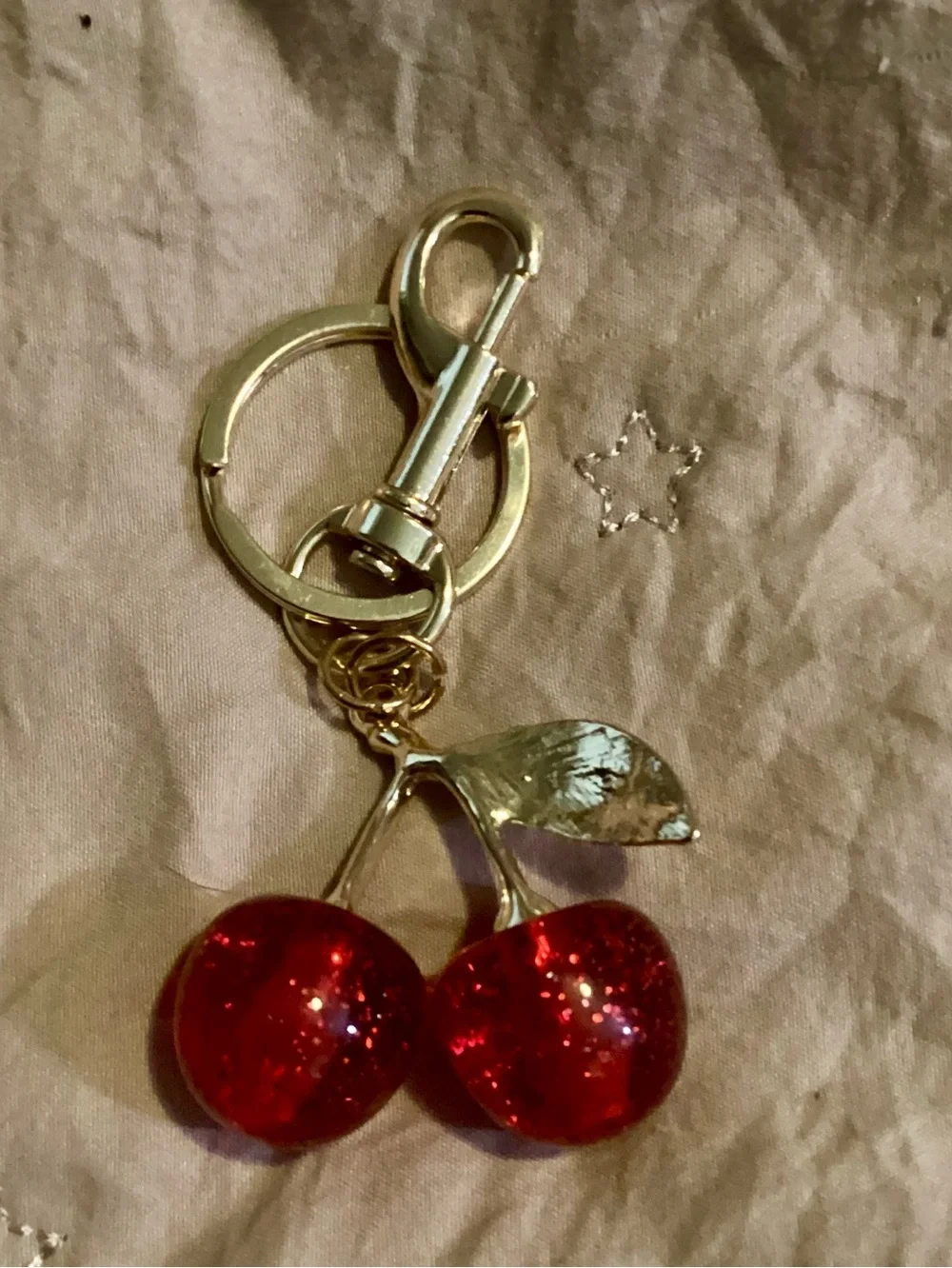 Mini-Gold Cherry Keychain Bag Charm with Red Cherry Accents